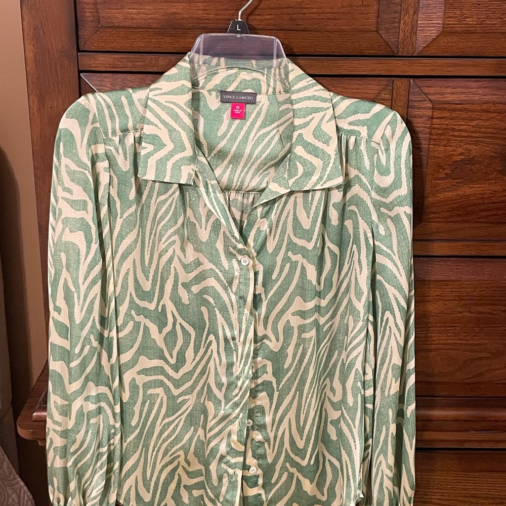 Vince Camuto Sage Green and Cream Zebra Print Button-Front Top